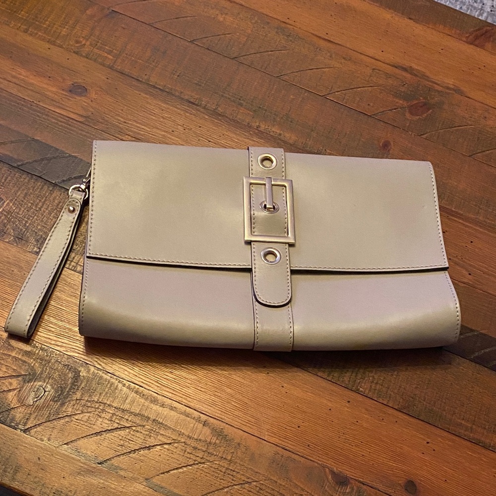 Italian Leather Clutch Beige/Grey with Strap